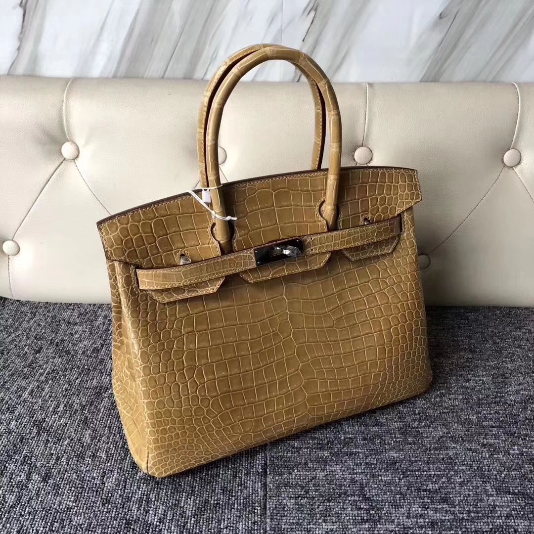 Hermès（爱马仕）Birkin铂金包 Porosus shiny 亮面澳洲湾鳄 1C 杏色 裸色 beige 银扣 30cm