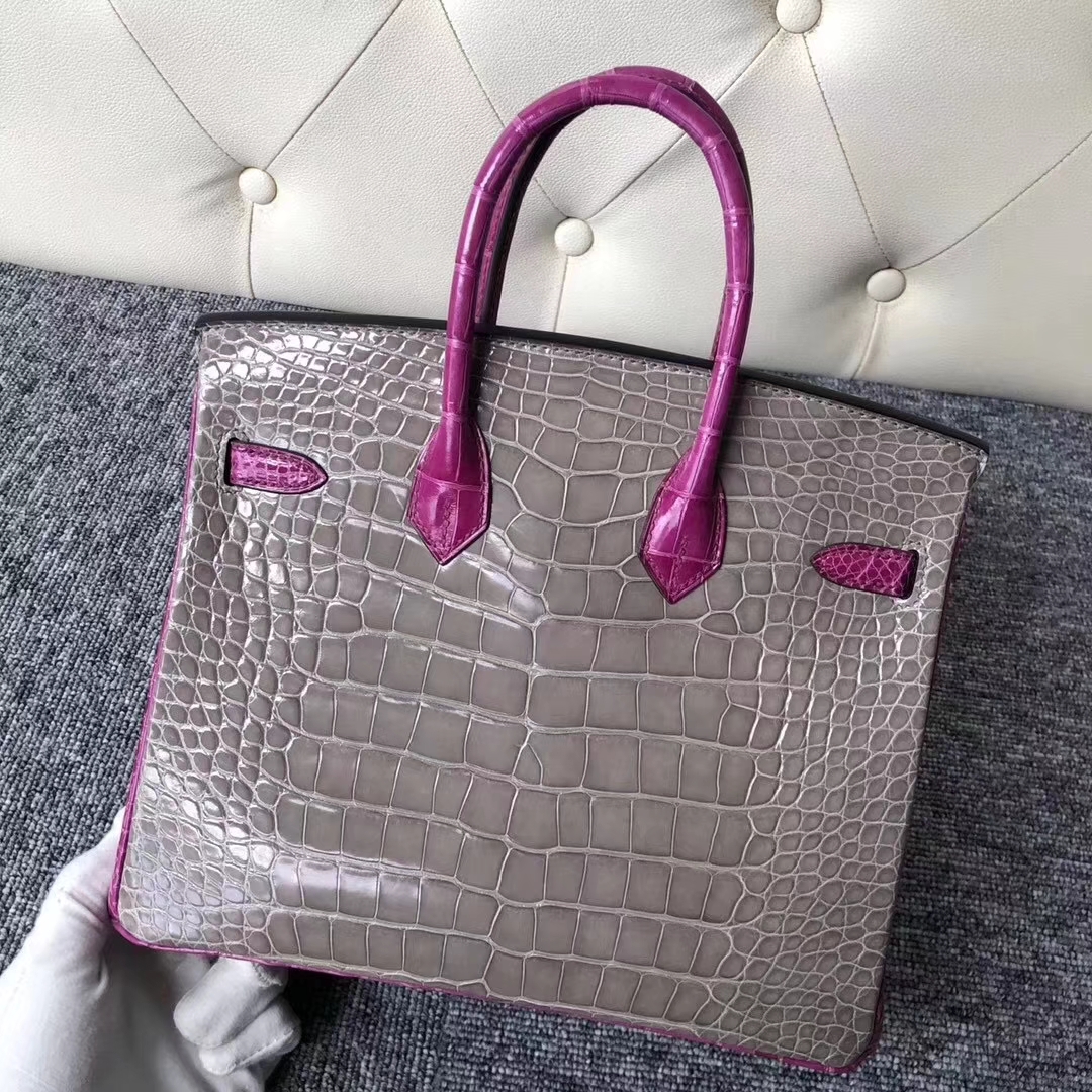 Hermès（爱马仕）Birkin铂金包 亮面框框美洲鳄 ck81斑鸠灰拼J5天方夜谭粉紫 蜡线全手工 金扣 25cm