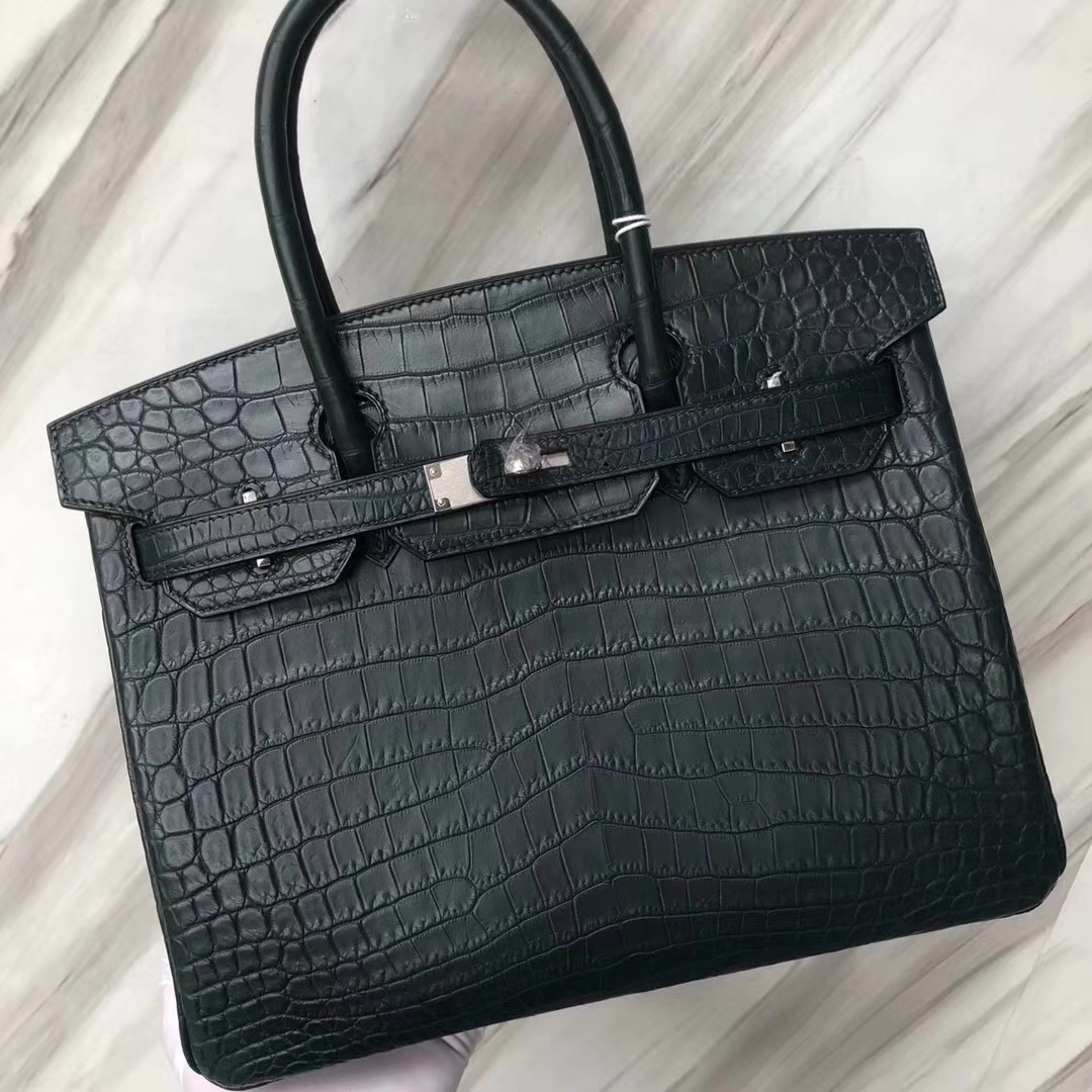 Hermès（爱马仕）Birkin铂金包 雾面两点尼罗鳄 1T泰坦绿 顶级工艺 蜡线全手工 银扣 30cm