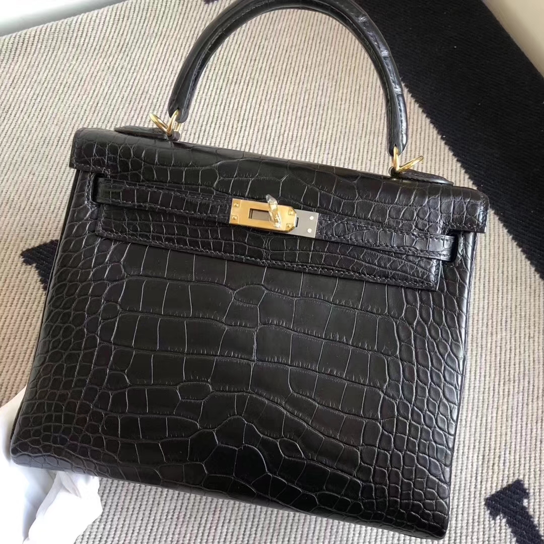 Hermès（爱马仕）Kelly Alligator matt 雾面鳄鱼 ck89 黑色 noir 金扣  顶级手缝 25cm 现货