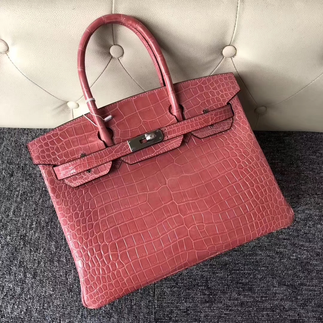 Hermès（爱马仕）Birkin铂金包 Porosus shiny 亮面澳洲湾鳄 L5 龙虾粉 crevette 银扣 30cm
