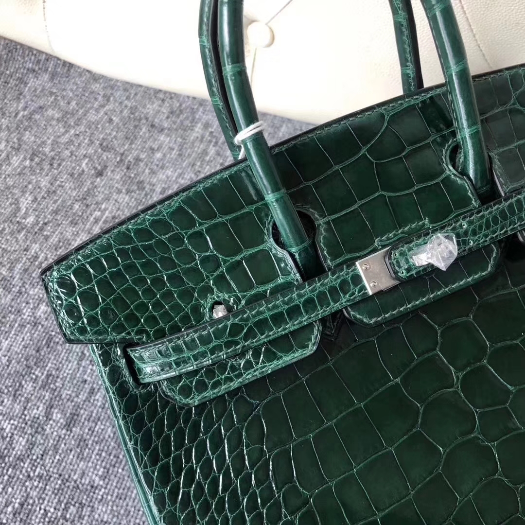 Hermès（爱马仕）Birkin铂金包 Alligator  shiny 亮面鳄鱼 ck67 祖母绿 银扣 25cm