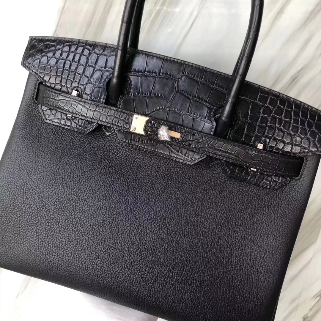 Hermès（爱马仕）Birkin铂金包 黑色 touch 雾面鳄鱼拼小牛皮 玫瑰金 30cm
