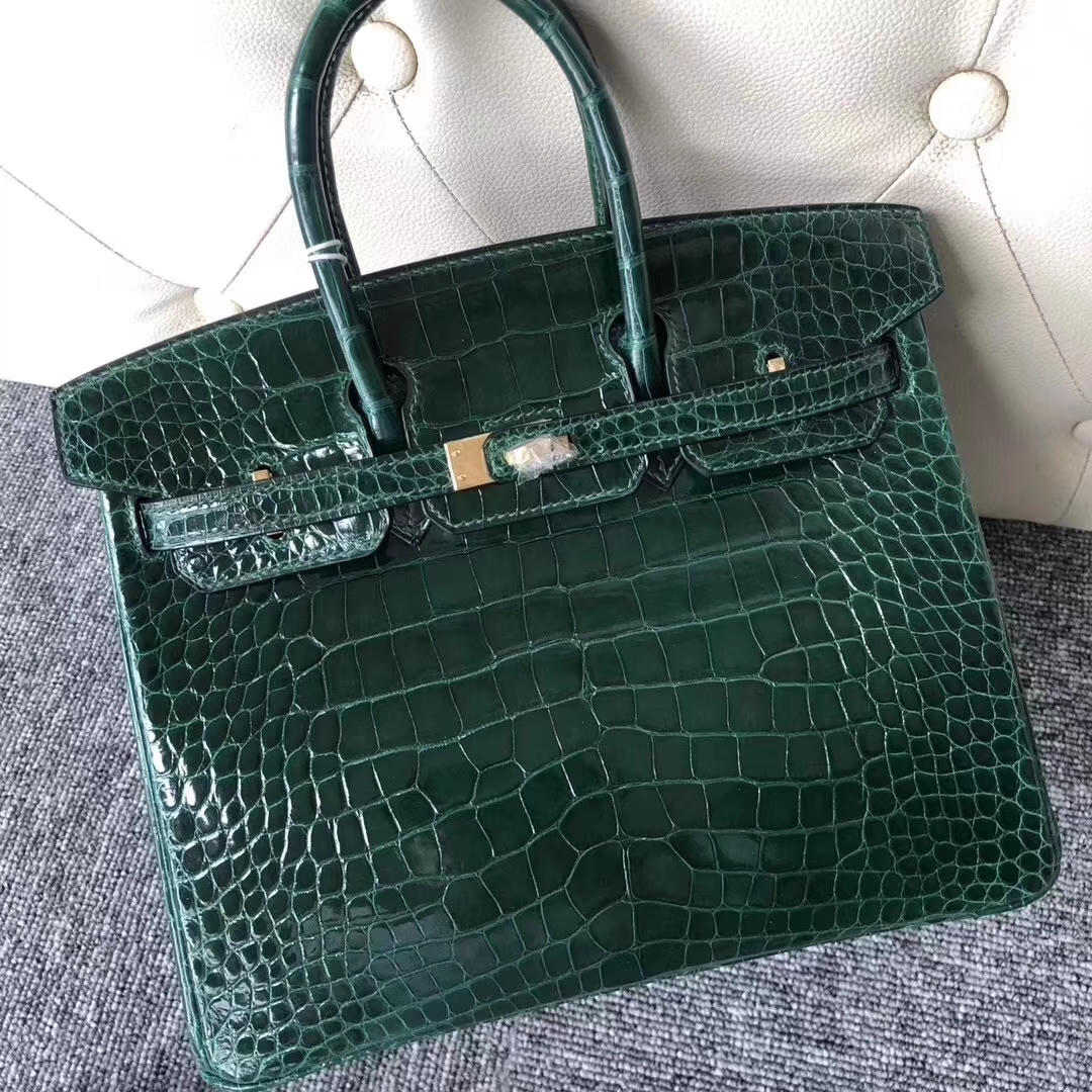 Hermès（爱马仕）Birkin铂金包 Alligator  shiny 亮面鳄鱼 ck67 祖母绿 vert fonce 金扣 25cm