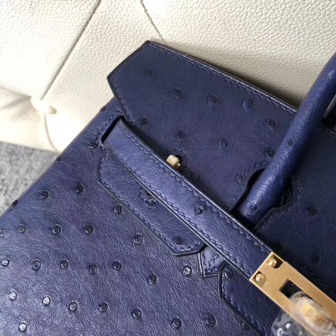 Hermès（爱马仕）Birkin铂金包 Ostrich kk鸵鸟 7K 宝石蓝 blue saphir 金扣 顶级手缝 25cm 现货