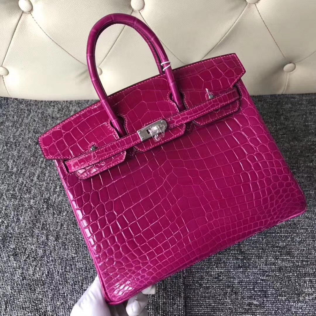 Hermès（爱马仕）Birkin铂金包 Crocodile shiny  J5 天方夜谭粉紫 银扣 顶级手缝 25cm 现货
