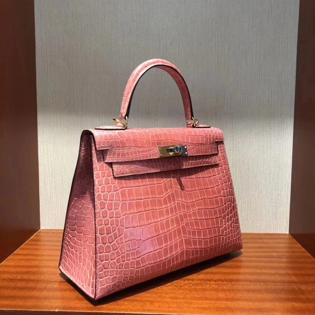 Hermès（爱马仕）Kelly凯莉包 龙虾粉 亮面框框美洲鳄 顶级工艺 蜡线全手工 金扣 28cm