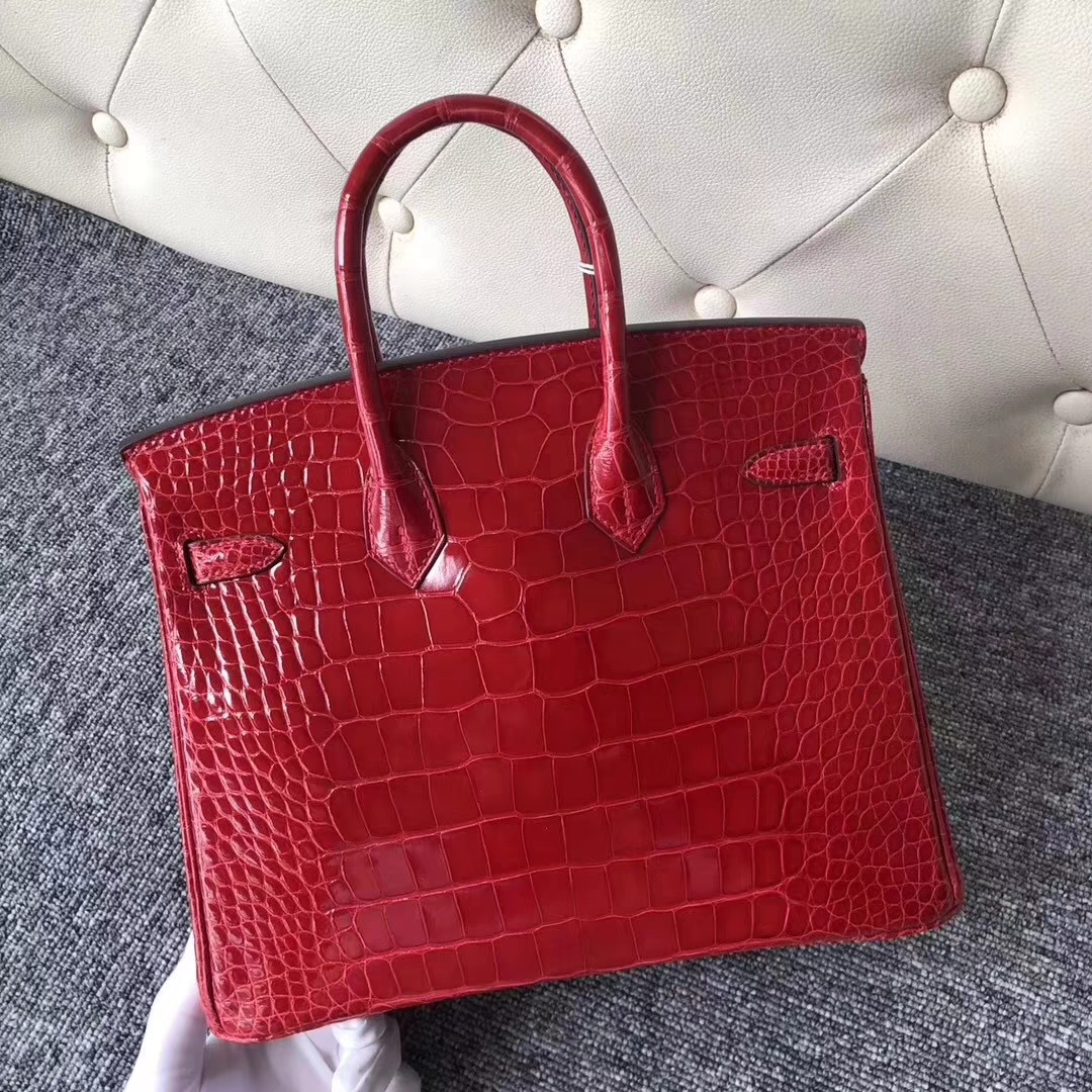 Hermès（爱马仕）Birkin铂金包 Alligator shiny 亮面鳄鱼 ck95 法拉利红 Braise 银扣 25cm