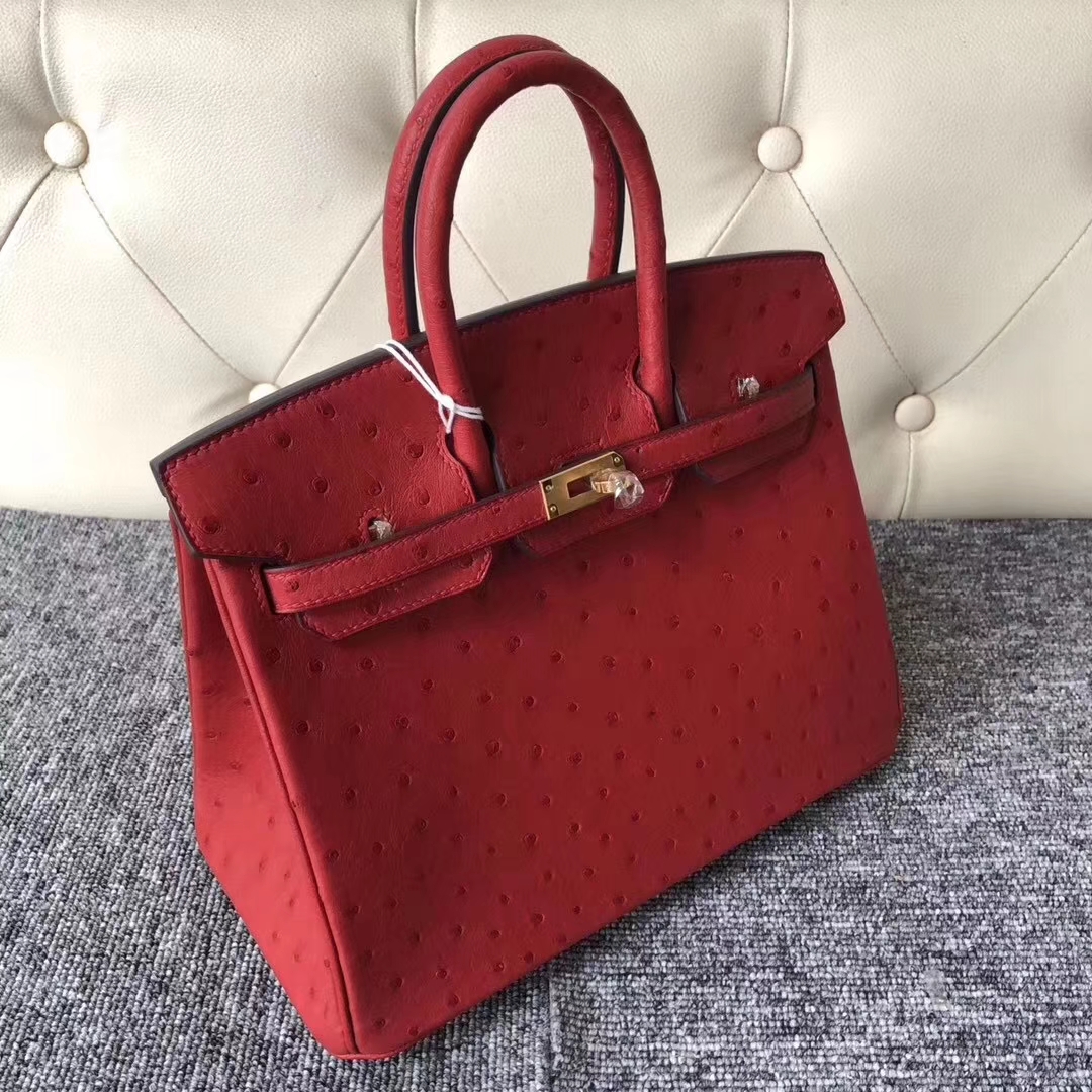 Hermès（爱马仕）Birkin铂金包 Ostrich kk鸵鸟 Q5 国旗红 rouge casaque 金扣 顶级手缝 25cm 现货