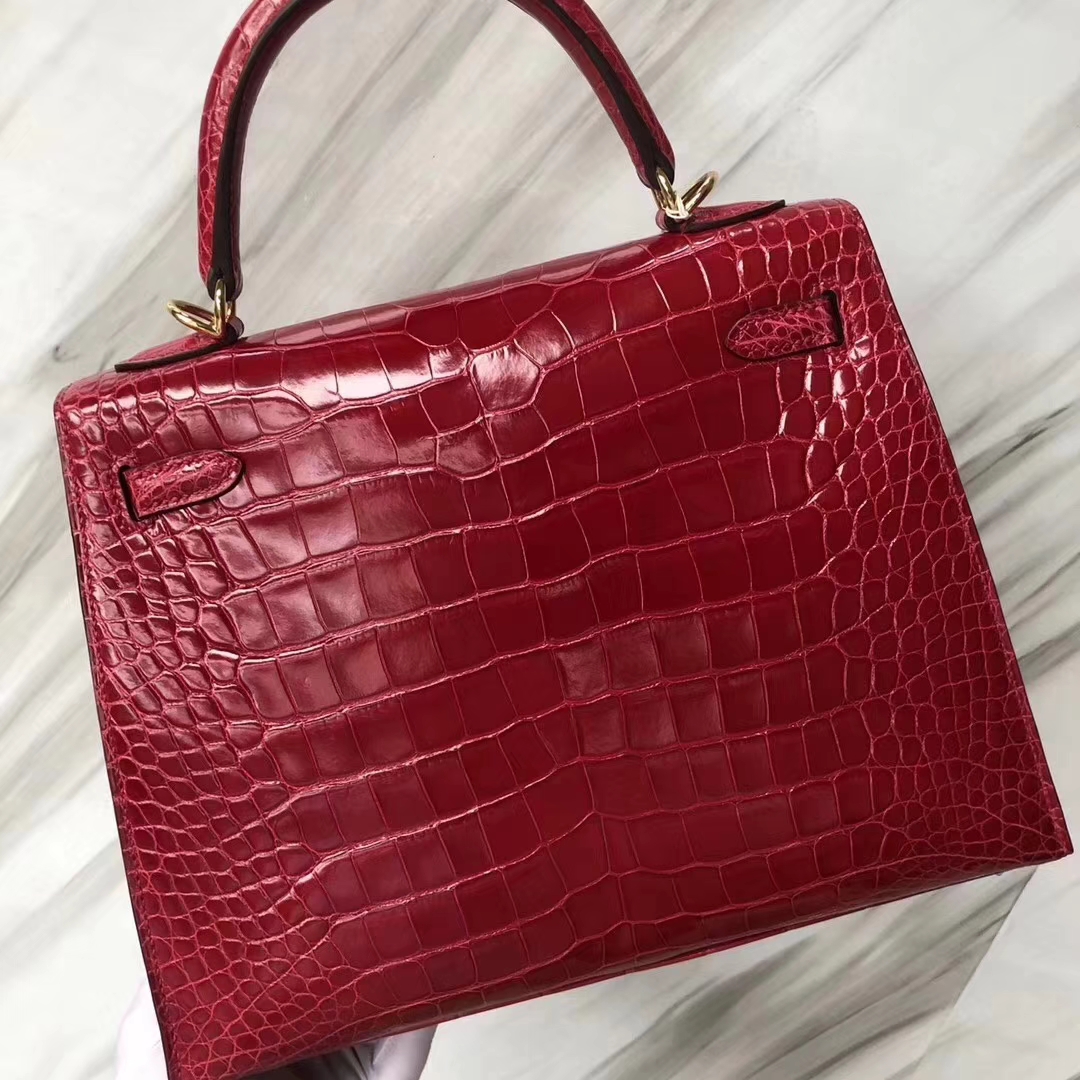 Hermès（爱马仕）Kelly凯莉包 亮面框框美洲鳄 Q5国旗红 顶级工艺 蜡线全手工 金扣 25cm