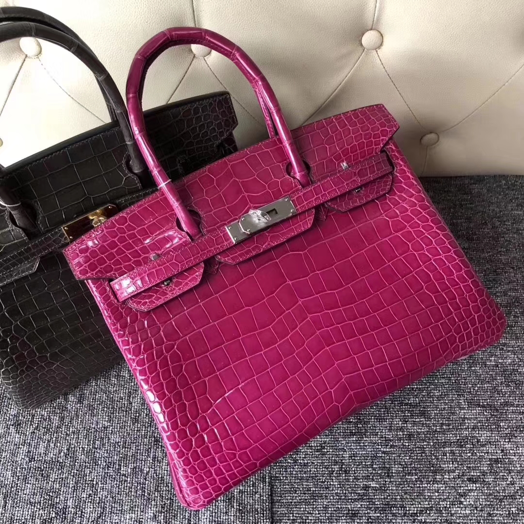 Hermès（爱马仕）Birkin铂金包 Porosus shiny 亮面澳洲湾鳄 J5 天方夜谭粉紫 银扣 30cm