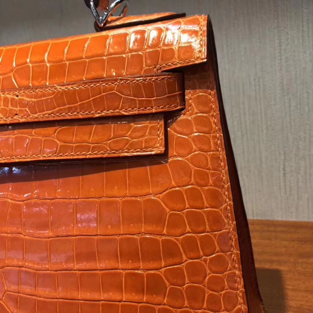 Hermès（爱马仕）Kelly凯莉包 亮面框框美洲鳄 橙色 顶级工艺 蜡线全手工 金扣 28cm