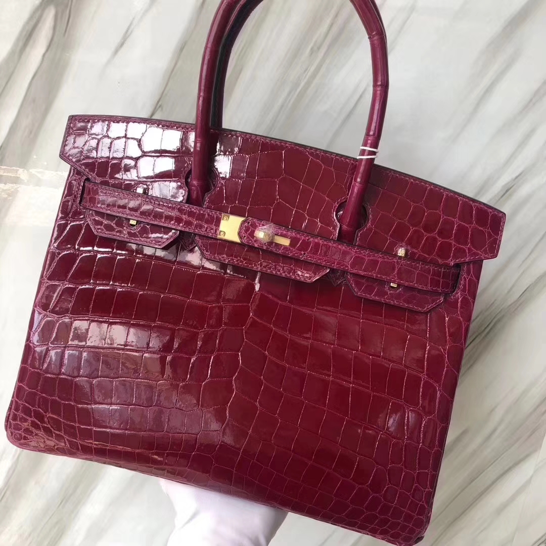 Hermès（爱马仕）Birkin Croocdile shiny 亮面鳄鱼 N5 加仑紫  玫红紫 金扣 30cm 现货