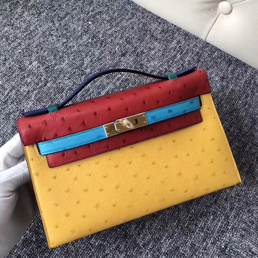 Hermès（爱马仕）Minikelly pochette 22cm Ostrich kk鸵鸟 彩虹包多拼色 金扣 马蹄印 限量