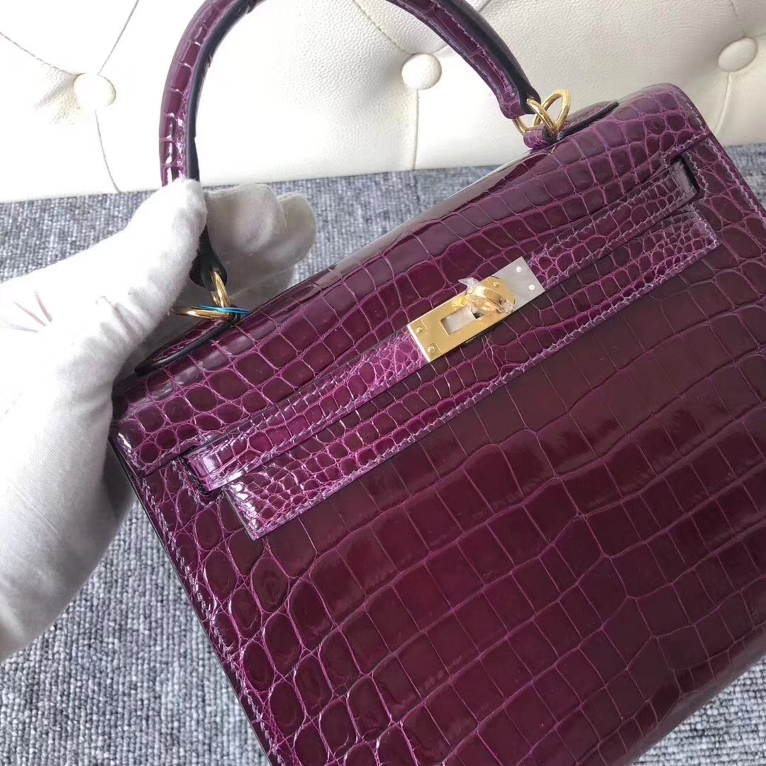 Hermès（爱马仕）Kelly凯莉包 Crocodile shiny 亮面鳄鱼N5 加仑紫 金扣 25cm