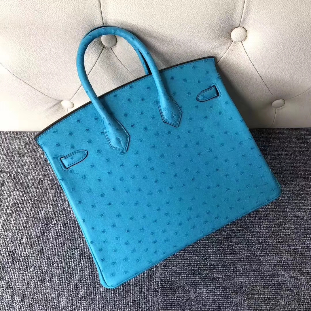 Hermès（爱马仕）Birkin铂金包 Ostrich kk鸵鸟 3p 马卡龙蓝 bule attol 银扣 顶级手缝 25cm 现货