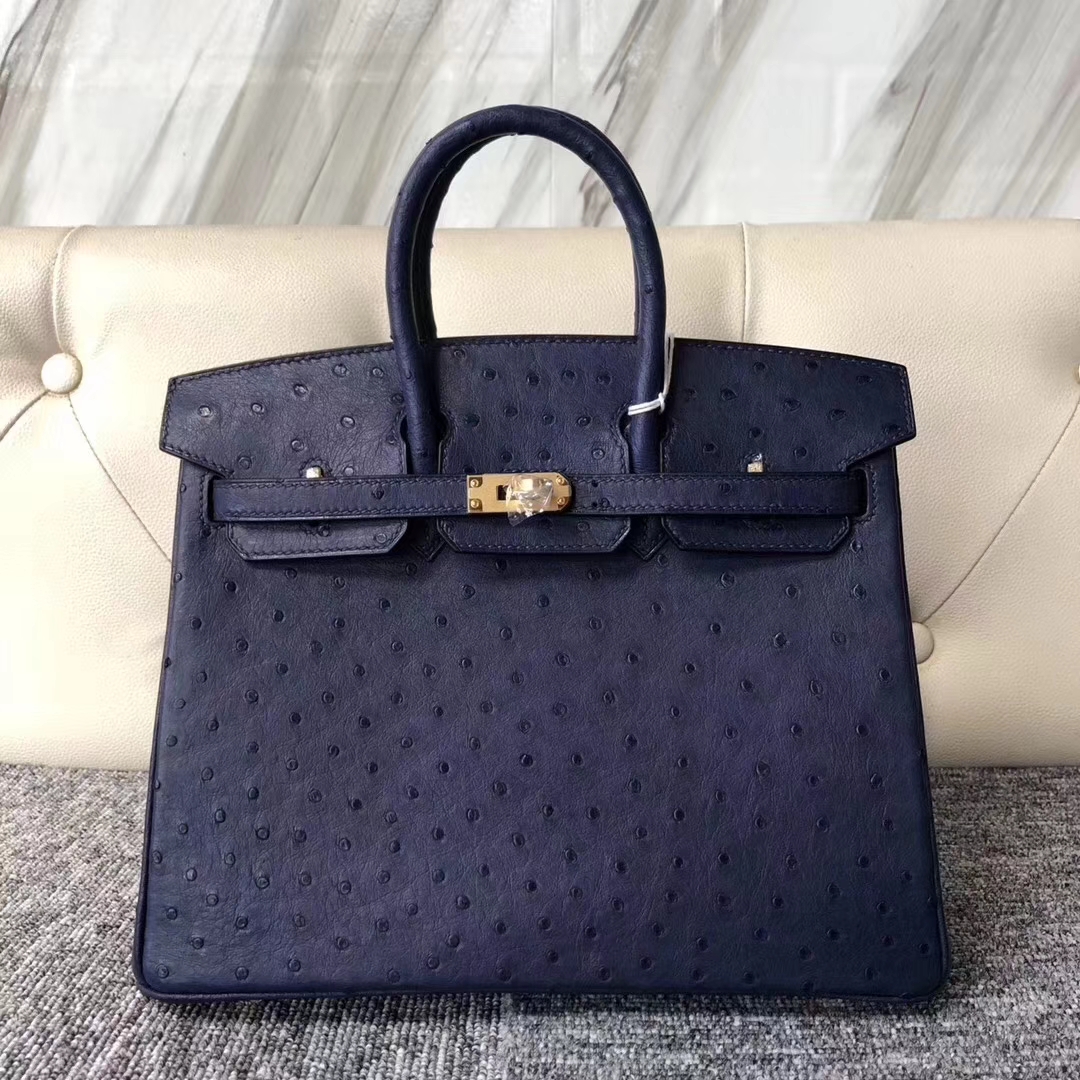 Hermès（爱马仕）Birkin铂金包 Ostrich kk鸵鸟 7K 宝石蓝 blue saphir 金扣 顶级手缝 25cm 现货