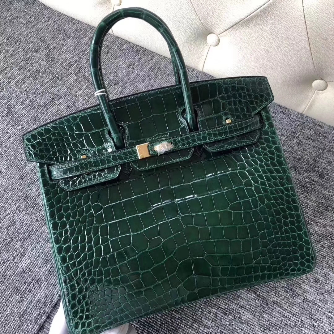 Hermès（爱马仕）Birkin铂金包 Alligator  shiny 亮面鳄鱼 ck67 祖母绿 vert fonce 金扣 25cm
