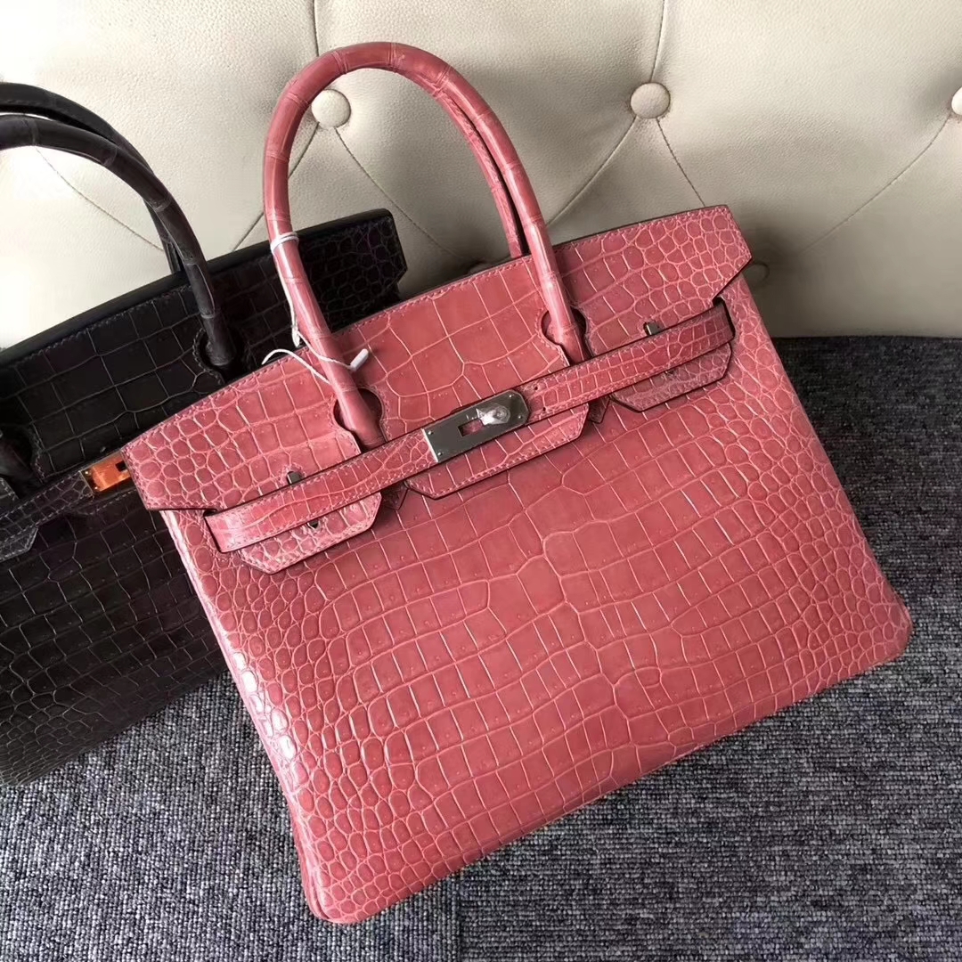Hermès（爱马仕）Birkin铂金包 Porosus shiny 亮面澳洲湾鳄 L5 龙虾粉 crevette 银扣 30cm