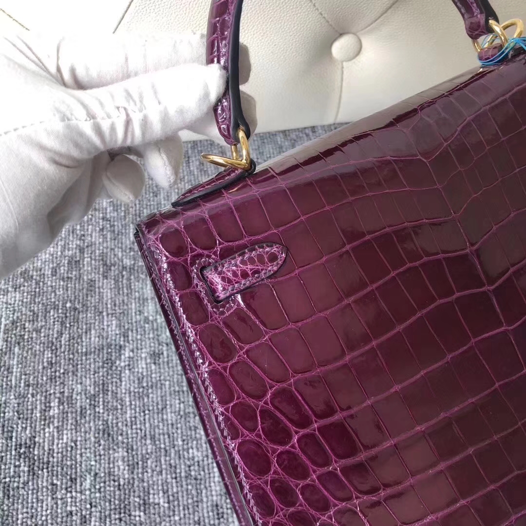 Hermès（爱马仕）Kelly凯莉包 Crocodile shiny 亮面鳄鱼N5 加仑紫 金扣 25cm