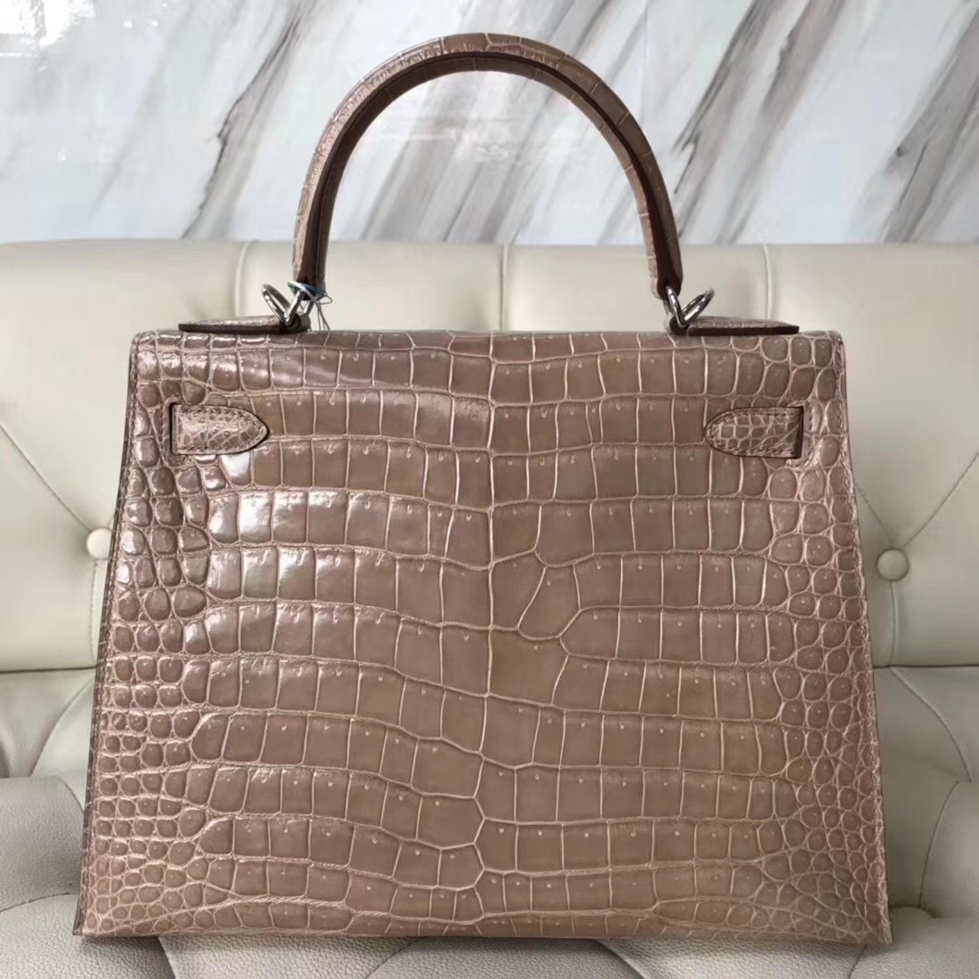 Hermès（爱马仕）Kelly凯莉包 亮面框框美洲鳄 杏色 顶级工艺 蜡线全手工 金扣 28cm