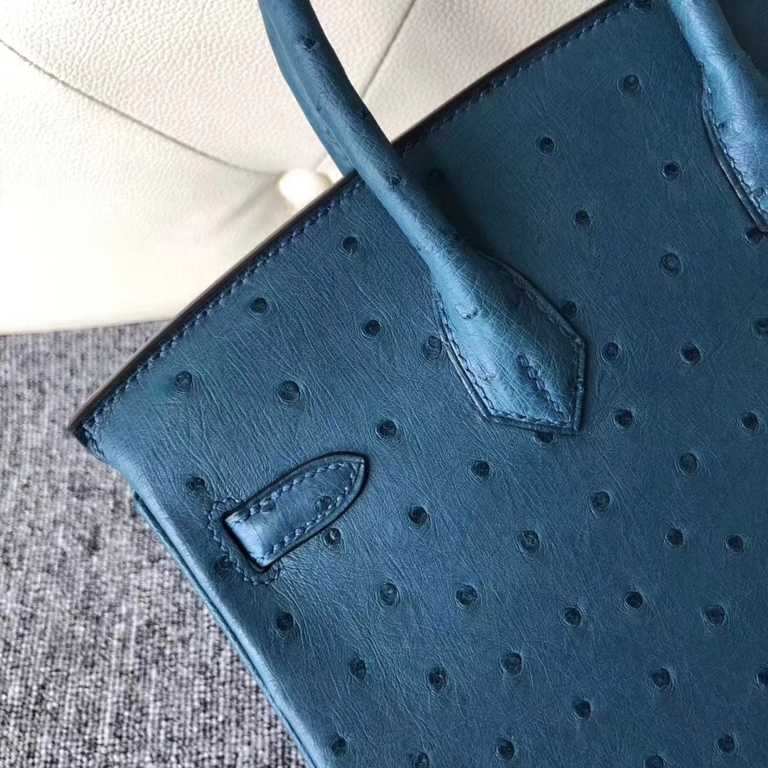 Hermès（爱马仕）Birkin铂金包 Ostrich kk鸵鸟 7C 珊瑚蓝 Cobalt 金扣 顶级手缝 25cm 现货