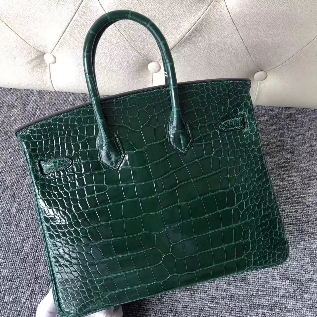 Hermès（爱马仕）Birkin铂金包 Alligator  shiny 亮面鳄鱼 ck67 祖母绿 vert fonce 金扣 25cm
