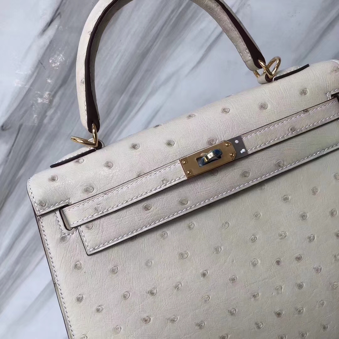 Hermès（爱马仕）Kelly凯莉包 Ostrich kk鸵鸟3C羊毛白 金扣  顶级手缝 25cm 现货