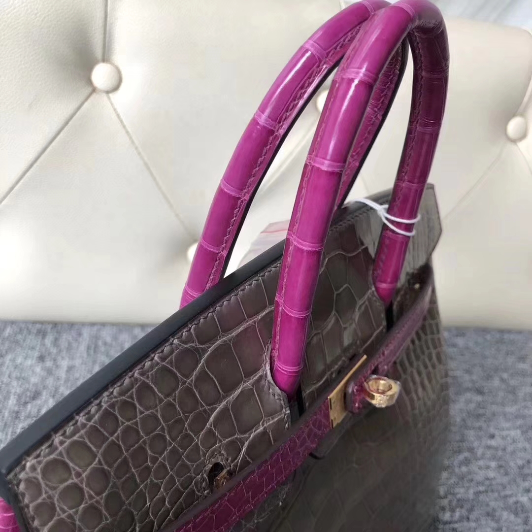 Hermès（爱马仕）Birkin铂金包 亮面框框美洲鳄 ck81斑鸠灰拼J5天方夜谭粉紫 蜡线全手工 金扣 25cm