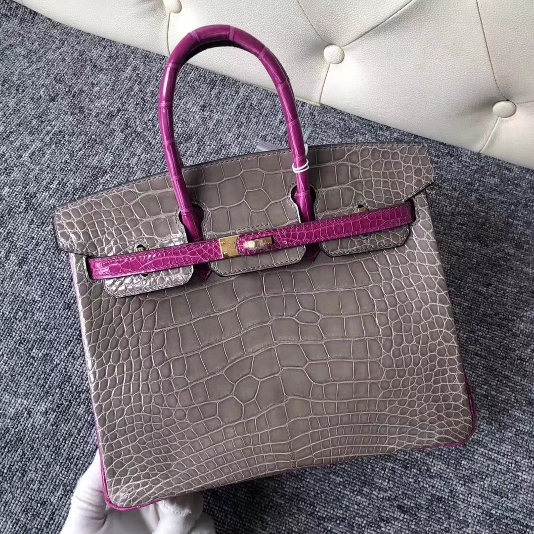 Hermès（爱马仕）Birkin铂金包 亮面框框美洲鳄 ck81斑鸠灰拼J5天方夜谭粉紫 蜡线全手工 金扣 25cm