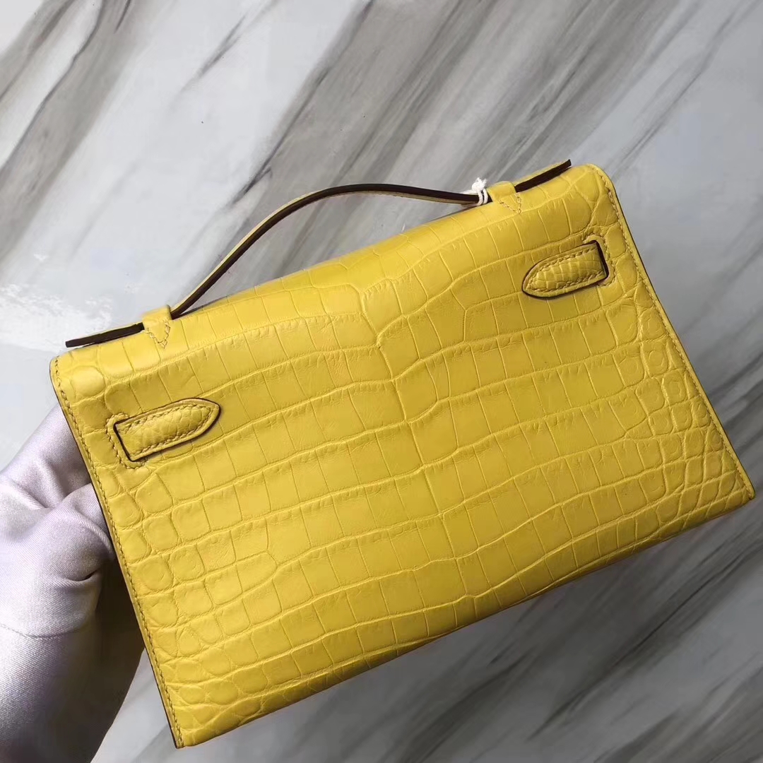 Hermès（爱马仕）Mini Kelly Crocodile matt 雾面鳄鱼 9R柠檬黄 金扣 手拿包 晚宴包 22cm