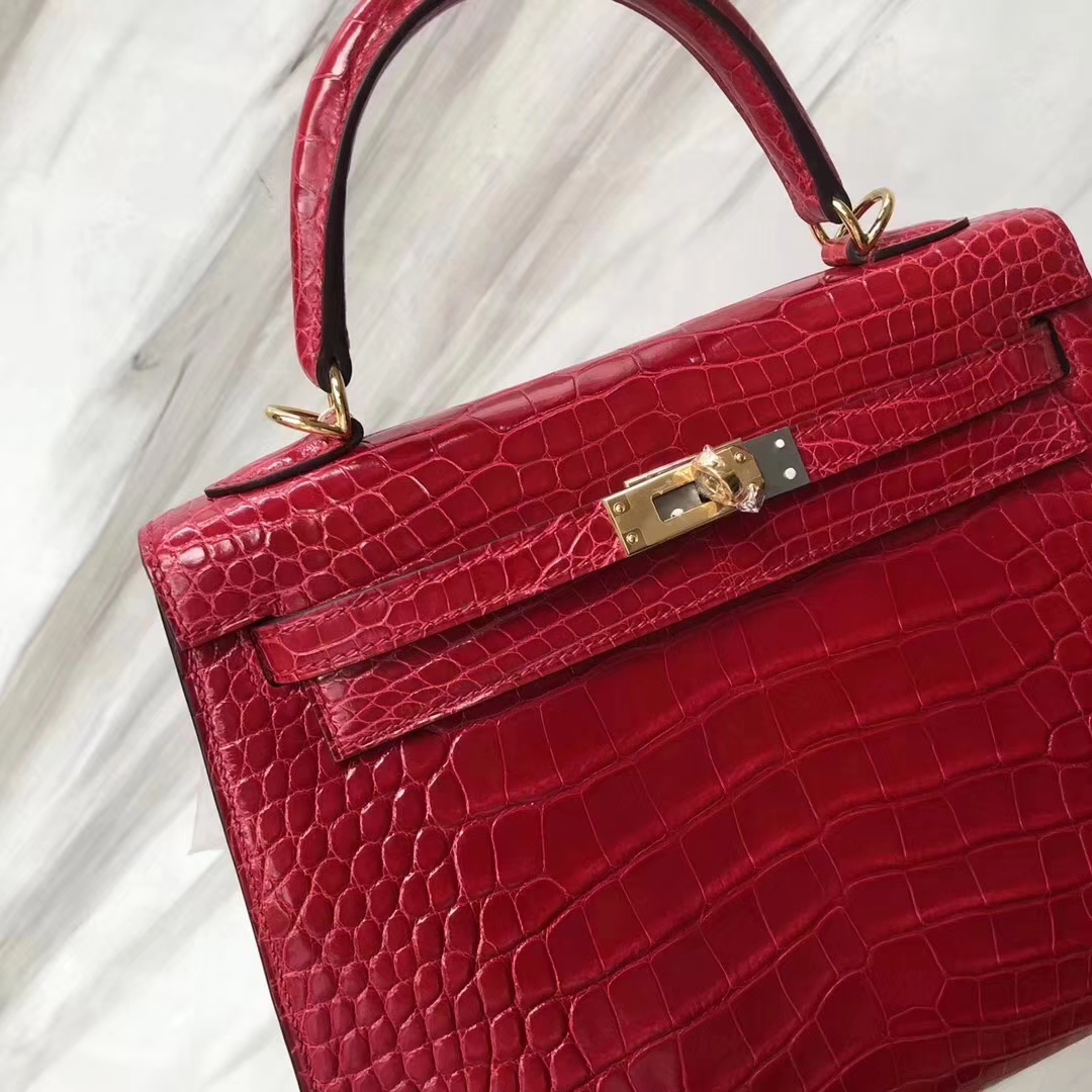 Hermès(爱马仕)Kelly凯莉包 亮面框框美洲鳄 Q5国旗红 顶级工艺 蜡线全手工 金扣 25cm-拉尔森鳄鱼皮具定制 - 爱马仕包包官网 Hermès(爱马仕)Kelly凯莉包 亮面框框美洲鳄 Q5国旗红 顶级工艺 蜡线全手工 金扣 25cm