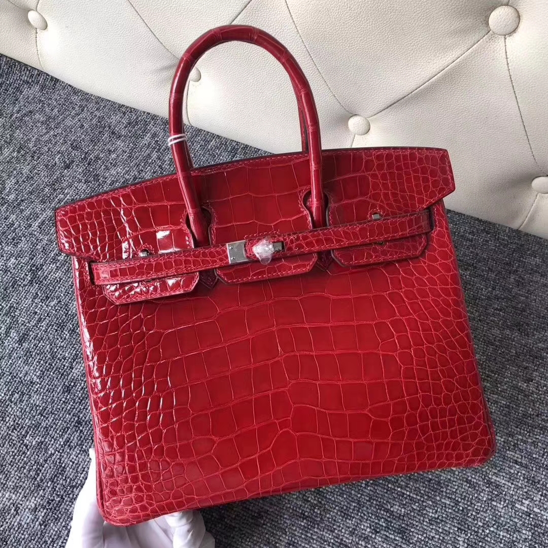 Hermès（爱马仕）Birkin铂金包 Alligator shiny 亮面鳄鱼 ck95 法拉利红 Braise 银扣 25cm