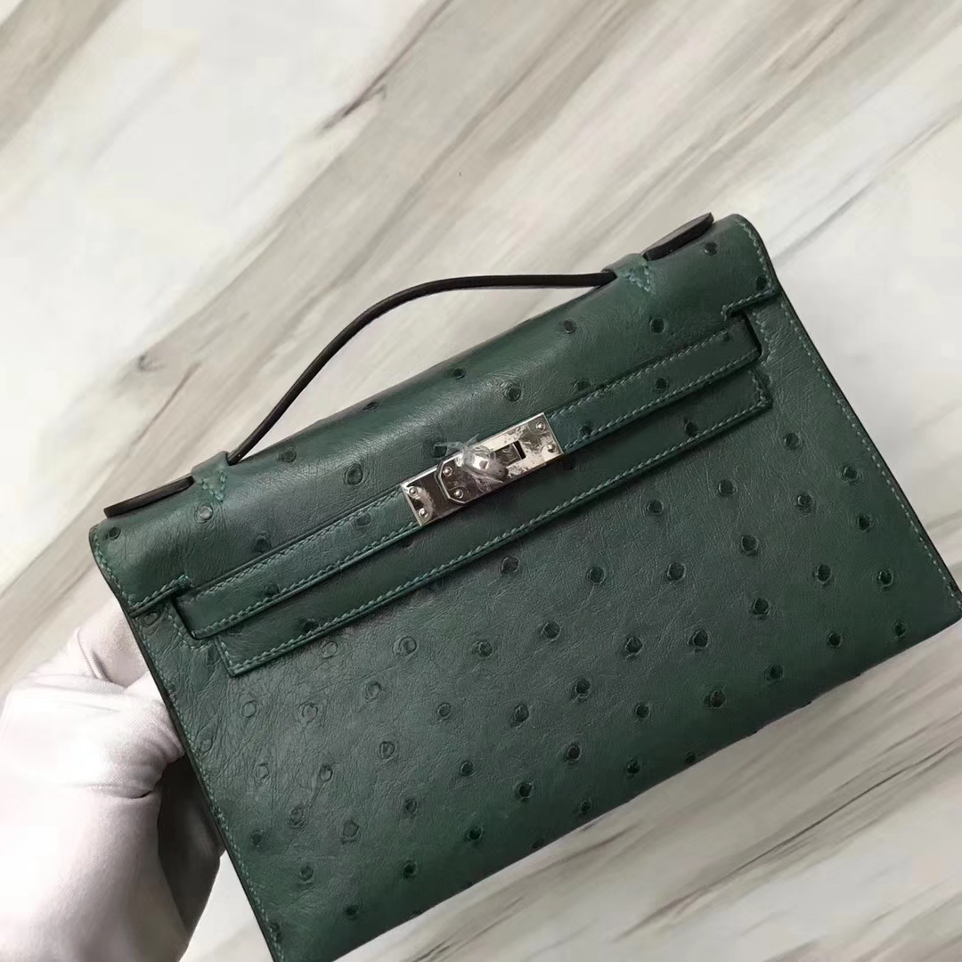 Hermès（爱马仕）Mini Kelly ostrich kk鸵鸟 Z6孔雀绿 顶级工艺 蜡线全手工 银扣 22cm