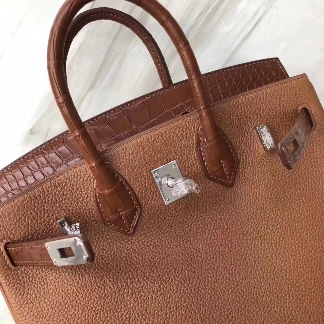 Hermès（爱马仕）Birkin铂金包 金棕色 touch 雾面鳄鱼拼小牛皮 玫瑰金 25cm