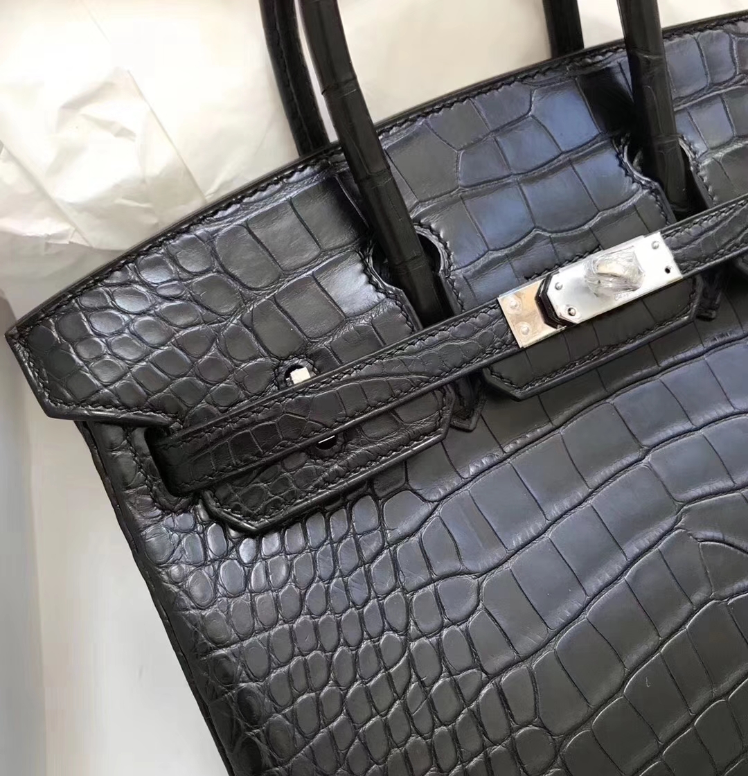 Hermès（爱马仕）Birkin铂金包 Alligator matt 雾面鳄鱼 ck89 黑色 noir 银扣 25cm