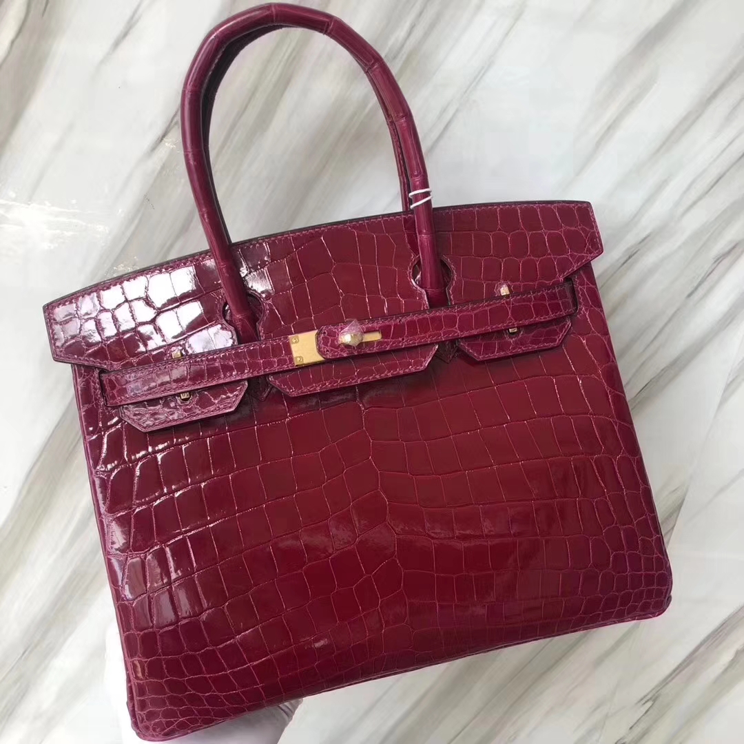 Hermès（爱马仕）Birkin Croocdile shiny 亮面鳄鱼 N5 加仑紫  玫红紫 金扣 30cm 现货