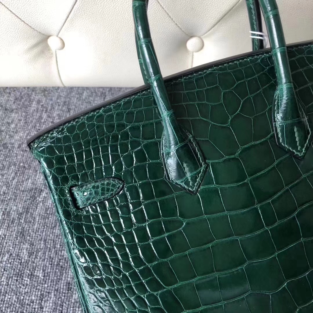 Hermès（爱马仕）Birkin铂金包 Alligator  shiny 亮面鳄鱼 ck67 祖母绿 vert fonce 金扣 25cm