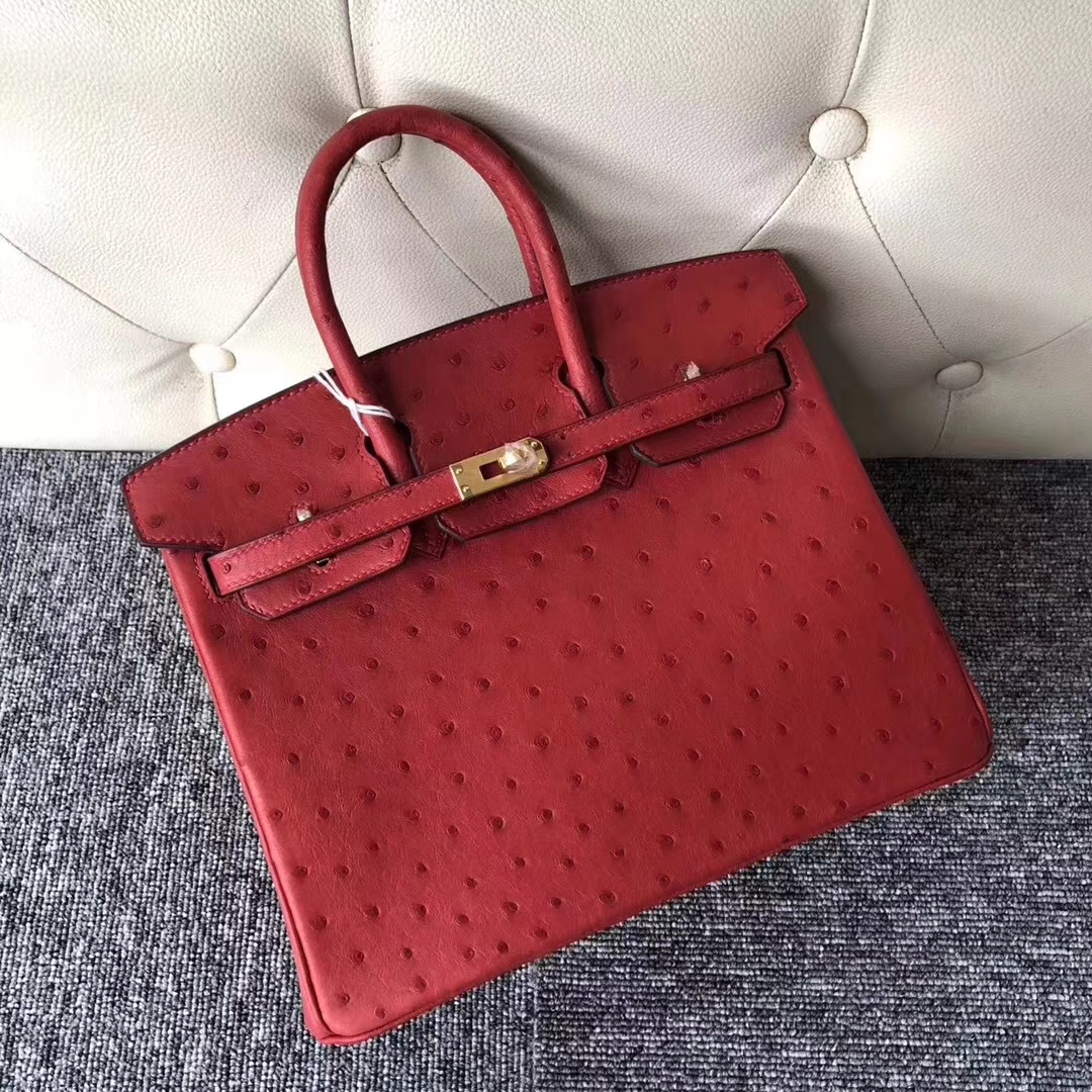 Hermès（爱马仕）Birkin铂金包 Ostrich kk鸵鸟 Q5 国旗红 rouge casaque 金扣 顶级手缝 25cm 现货