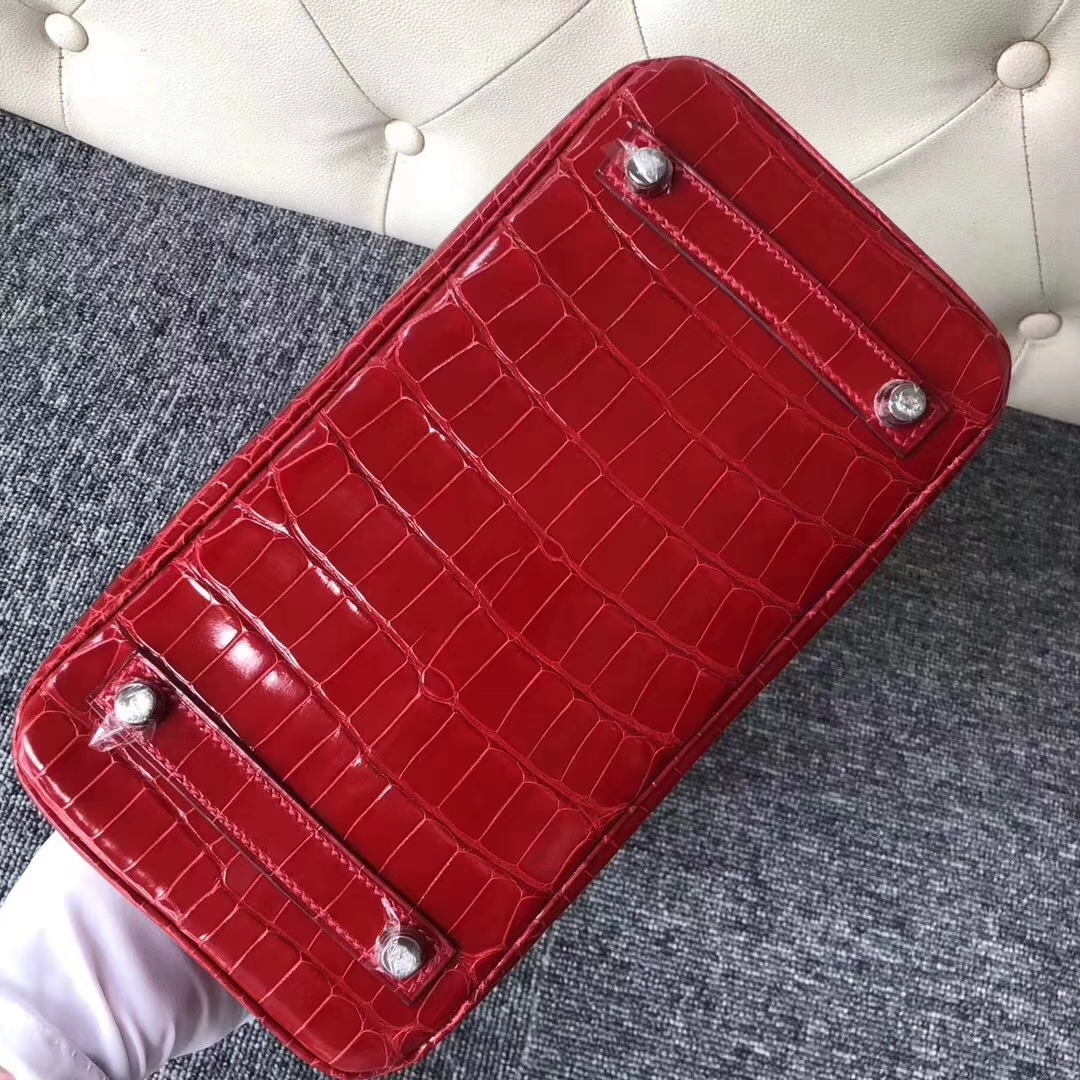 Hermès（爱马仕）Birkin铂金包 Alligator shiny 亮面鳄鱼 ck95 法拉利红 Braise 银扣 25cm