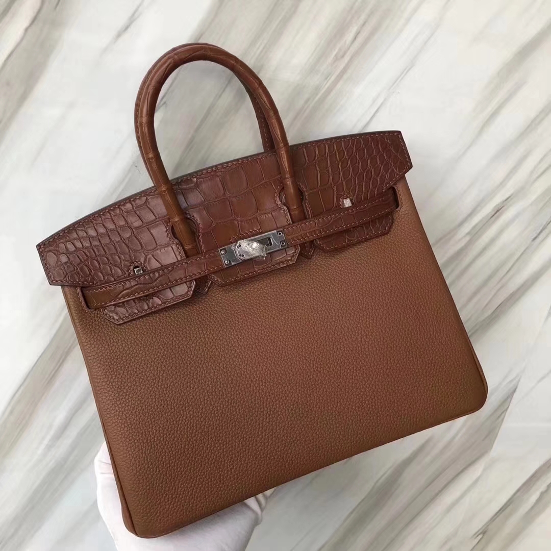 Hermès（爱马仕）Birkin铂金包 金棕色 touch 雾面鳄鱼拼小牛皮 玫瑰金 25cm