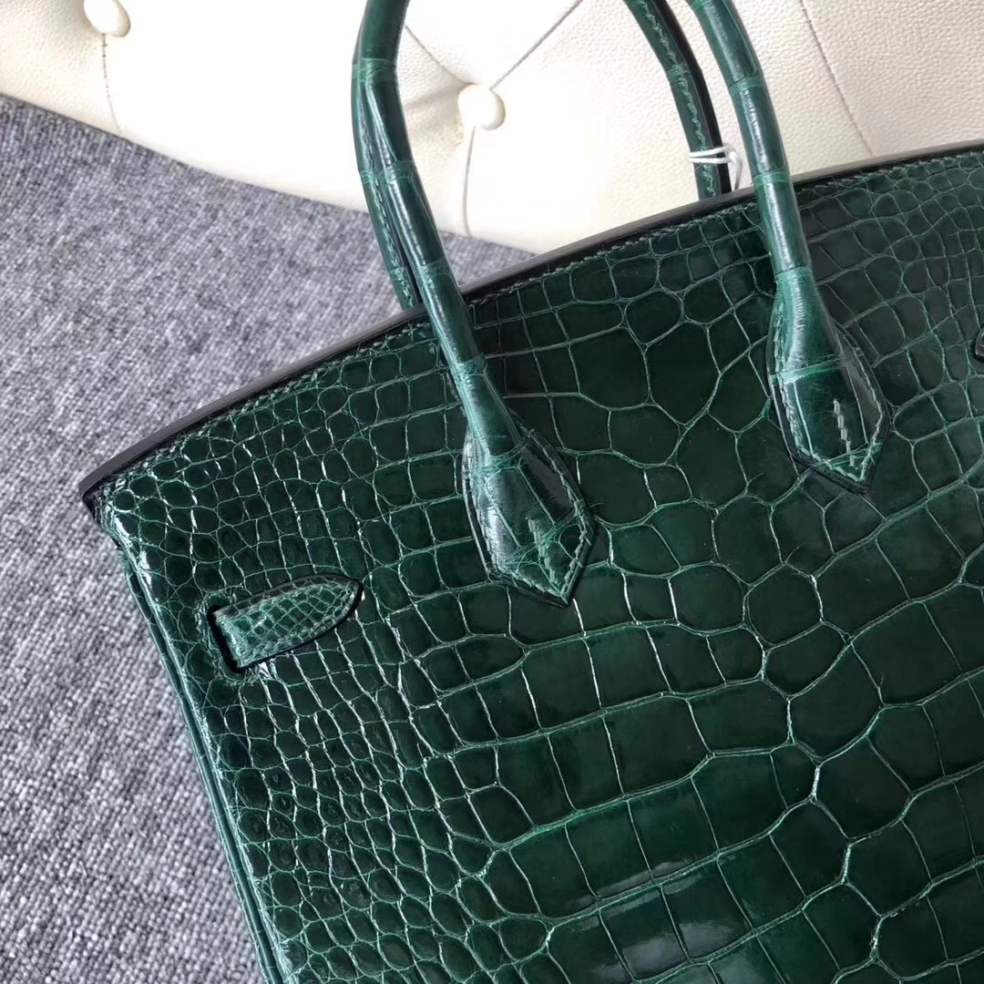 Hermès（爱马仕）Birkin铂金包 Alligator  shiny 亮面鳄鱼 ck67 祖母绿 银扣 25cm