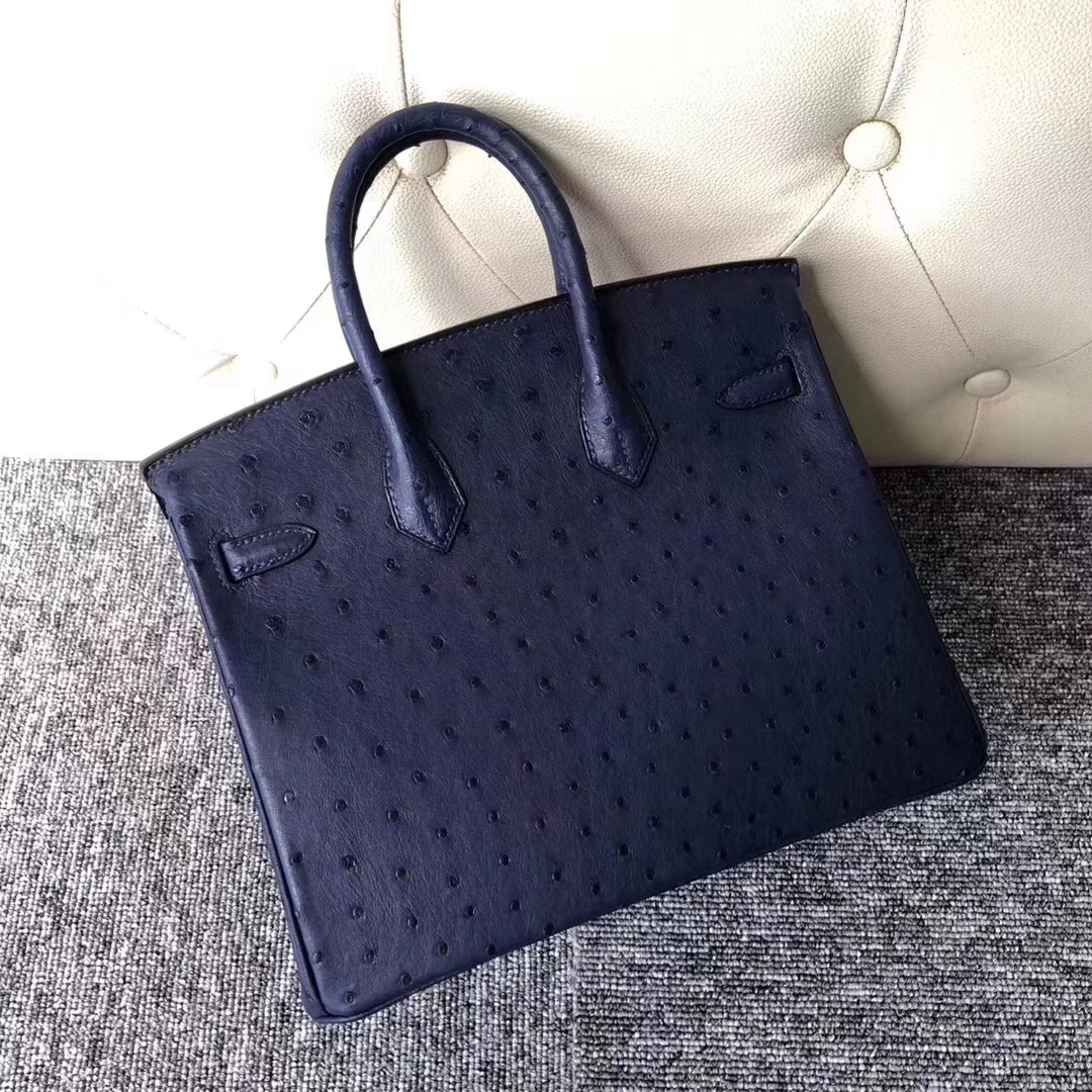 Hermès（爱马仕）Birkin铂金包 Ostrich kk鸵鸟 7K 宝石蓝 blue saphir 金扣 顶级手缝 25cm 现货