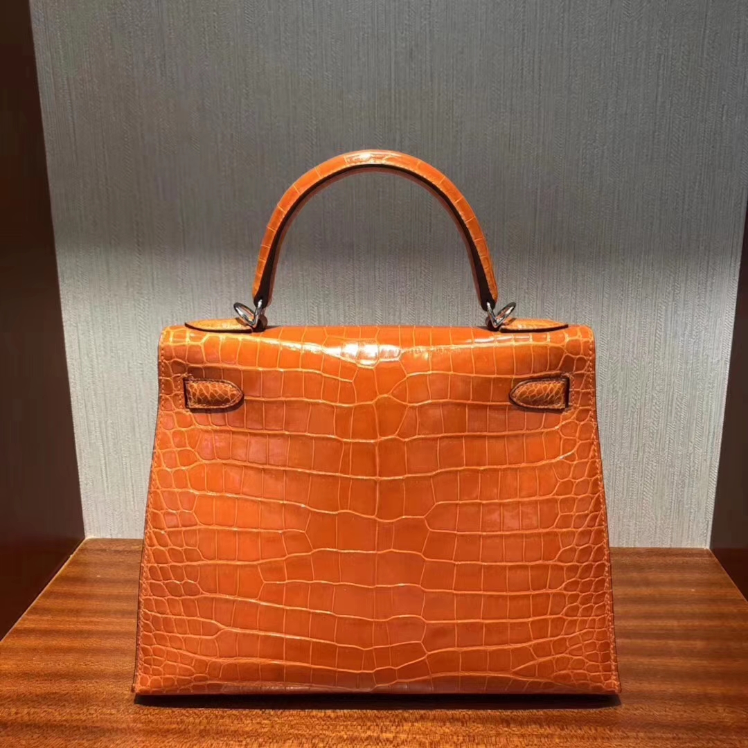 Hermès（爱马仕）Kelly凯莉包 亮面框框美洲鳄 橙色 顶级工艺 蜡线全手工 金扣 28cm