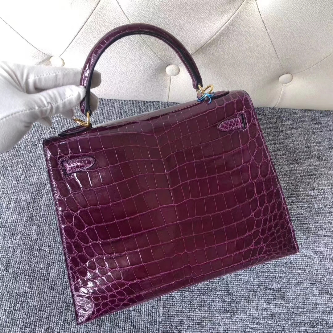 Hermès（爱马仕）Kelly凯莉包 Crocodile shiny 亮面鳄鱼N5 加仑紫 金扣 25cm