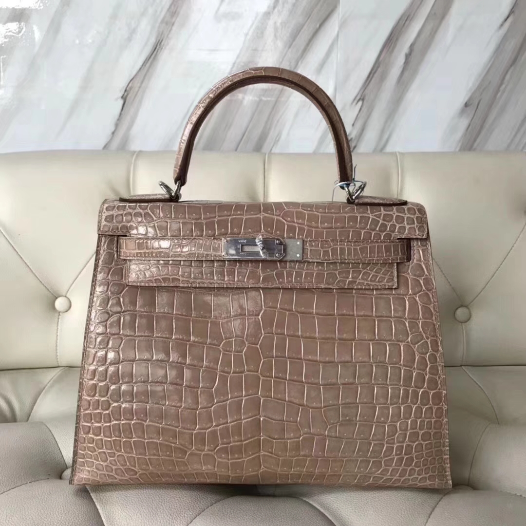 Hermès（爱马仕）Kelly凯莉包 亮面框框美洲鳄 杏色 顶级工艺 蜡线全手工 金扣 28cm