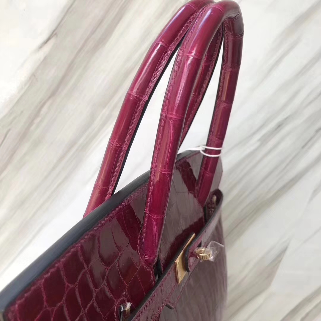 Hermès（爱马仕）Birkin Croocdile shiny 亮面鳄鱼 N5 加仑紫  玫红紫 金扣 30cm 现货