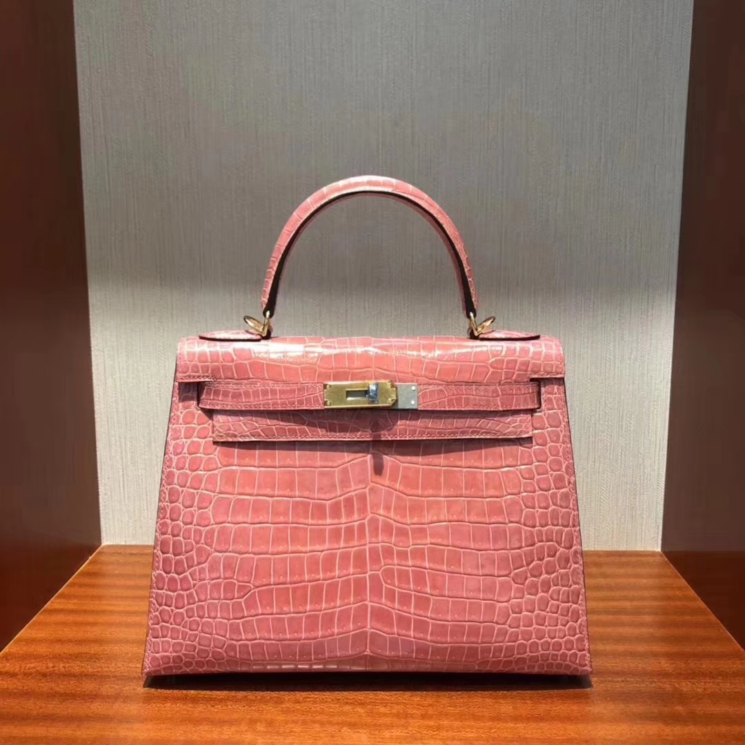 Hermès（爱马仕）Kelly凯莉包 龙虾粉 亮面框框美洲鳄 顶级工艺 蜡线全手工 金扣 28cm