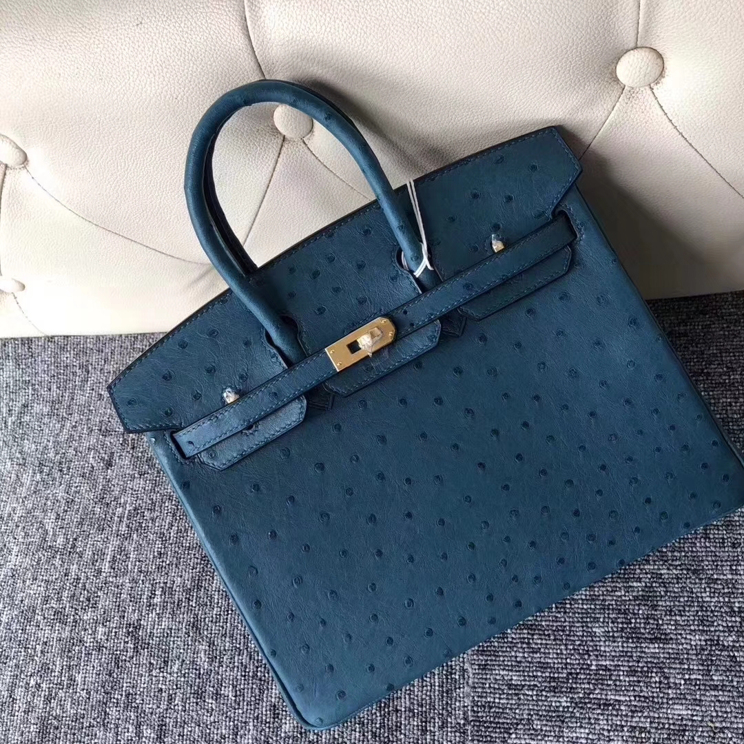 Hermès（爱马仕）Birkin铂金包 Ostrich kk鸵鸟 7C 珊瑚蓝 Cobalt 金扣 顶级手缝 25cm 现货