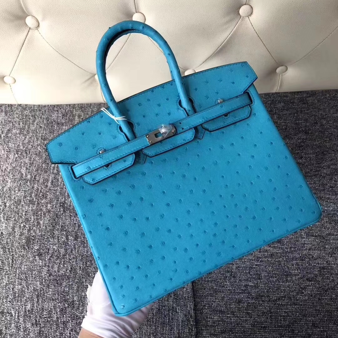 Hermès（爱马仕）Birkin铂金包 Ostrich kk鸵鸟 3p 马卡龙蓝 bule attol 银扣 顶级手缝 25cm 现货